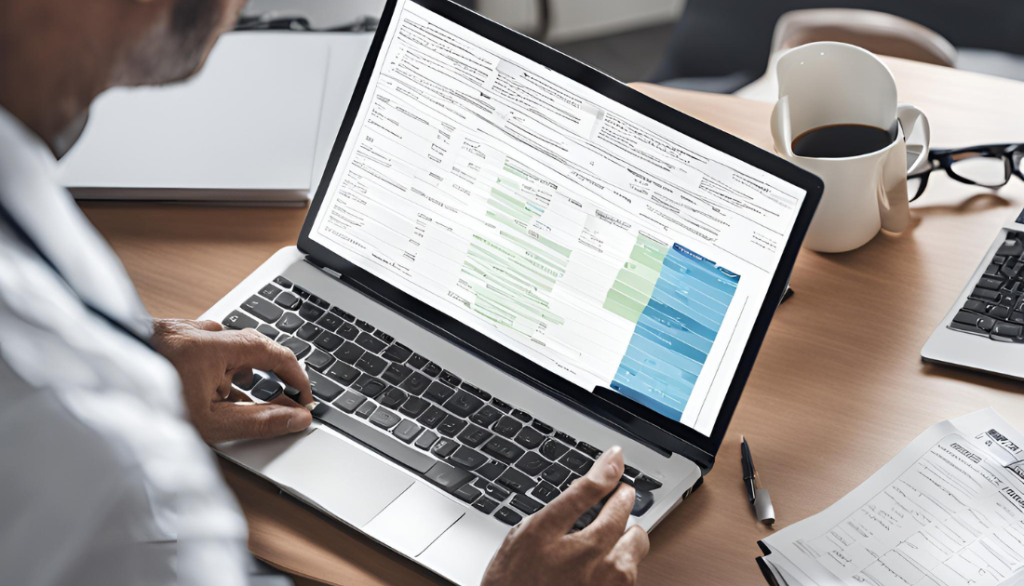 "Demand for Pricing Transparency: Patients Seeking Clear and Detailed Medical Cost Information" Patient reviewing a detailed, itemized medical bill on a laptop
