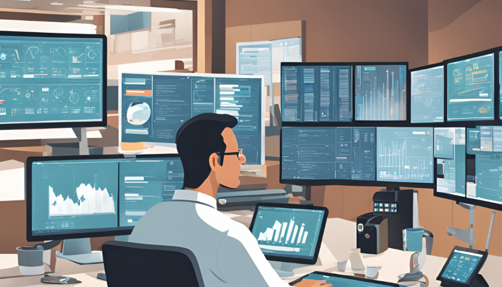 "Technology and Automation: Streamlining Medical Billing with Automated Systems and Real-Time Data" Healthcare administrator using automated billing software with multiple screens showing real-time patient records