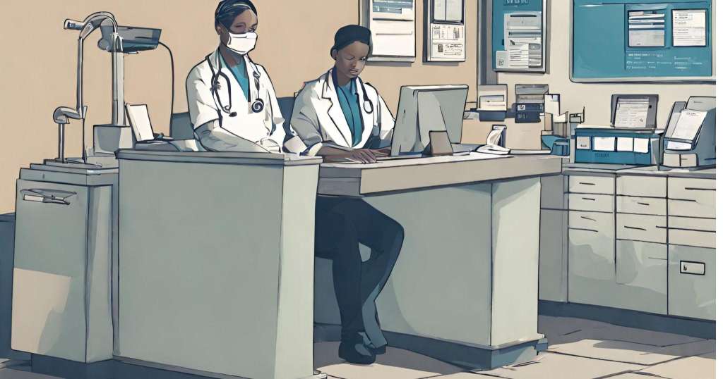 Hospital Billing and Claims Processing A person sitting at a hospital billing desk, processing medical bills and insurance claims