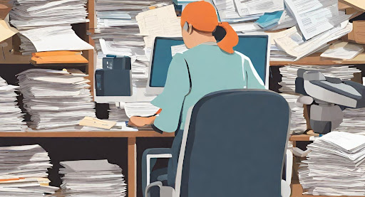 ("Cluttered desk with paper medical records - depicting challenges of managing information manually in medical billing.") (Cluttered desk with piles of paper medical records, illustrating the challenges of managing information manually in medical billing)