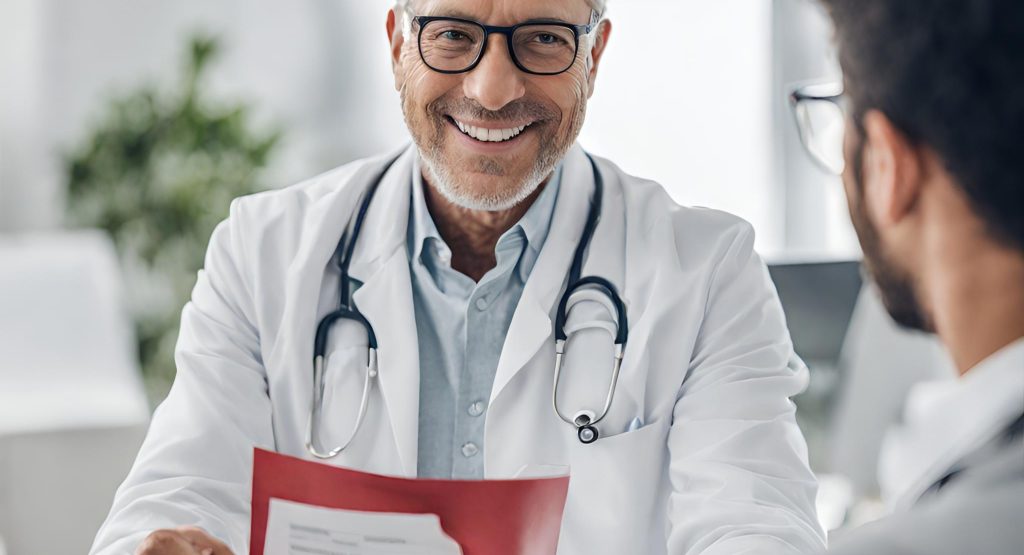 "Satisfied urology patient holding a billing statement, showcasing the positive impact of specialized billing services on patient satisfaction."