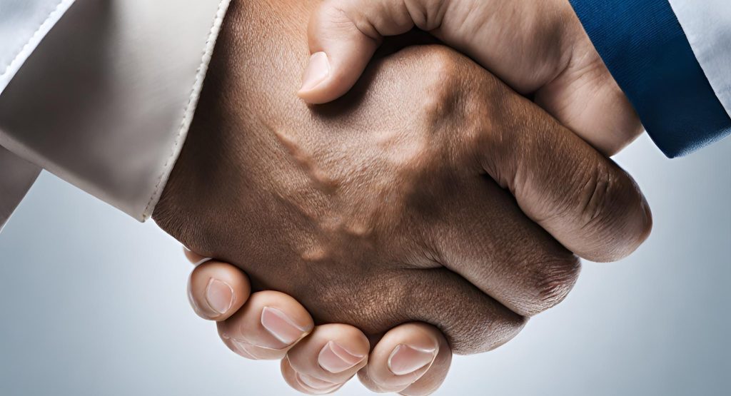 "Photo of a handshake between a healthcare professional and a billing partner representative, symbolizing a trustworthy partnership."