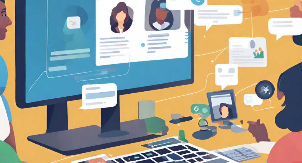 "Effective Communication Tools in Action: Messaging, Video Conferencing, Collaboration Platforms" "Visual of various communication tools in action, including messaging apps, video conferencing, and collaboration platforms."