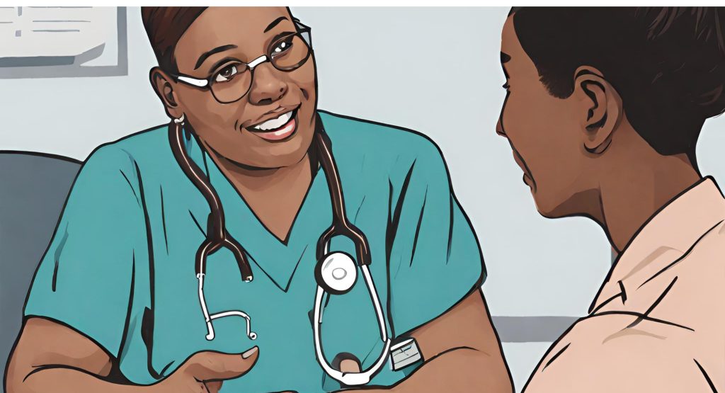 "Patient-Centered Care: Meaningful Discussion with Healthcare Professional." "Healthcare professional engaging in a conversation with a patient, promoting patient-centered care and communication."