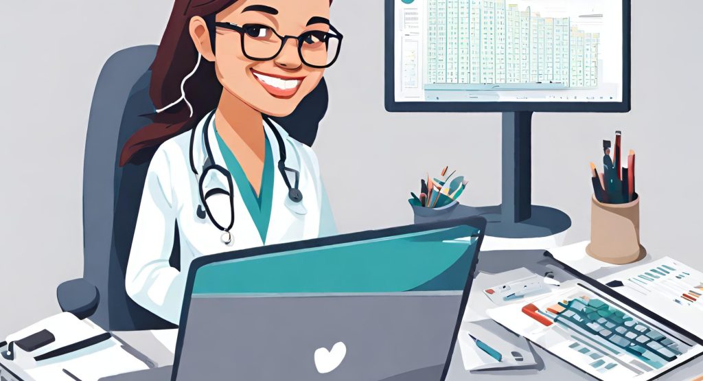 "Image of a medical coder at their desk, smiling and working on coding tasks effortlessly."
