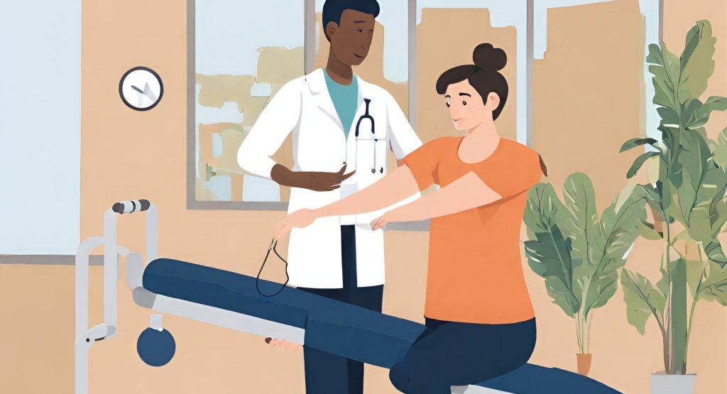 (Physical therapist guiding a patient in exercises, highlighting the importance of rehabilitation in recovery.)
