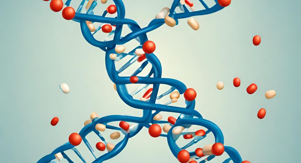 "DNA helix intertwined with pills, symbolizing the customization of treatments in personalized therapeutics based on genetic factors."