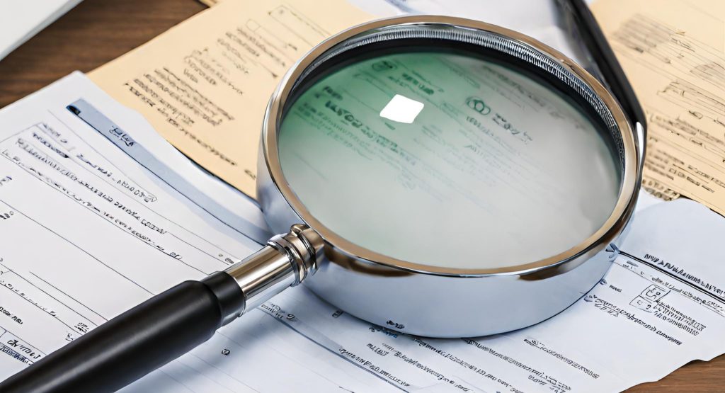 "Close-up of a magnifying glass inspecting documents, symbolizing the attention to detail in regular audits and compliance checks."