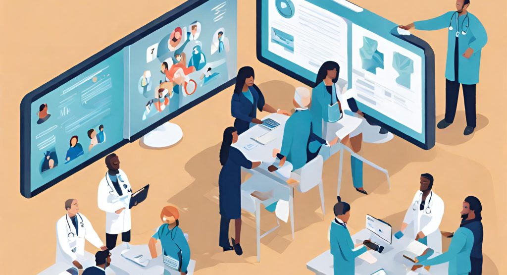 "Image showing a diverse team collaborating to prevent fraud and abuse in a healthcare setting, emphasizing teamwork."