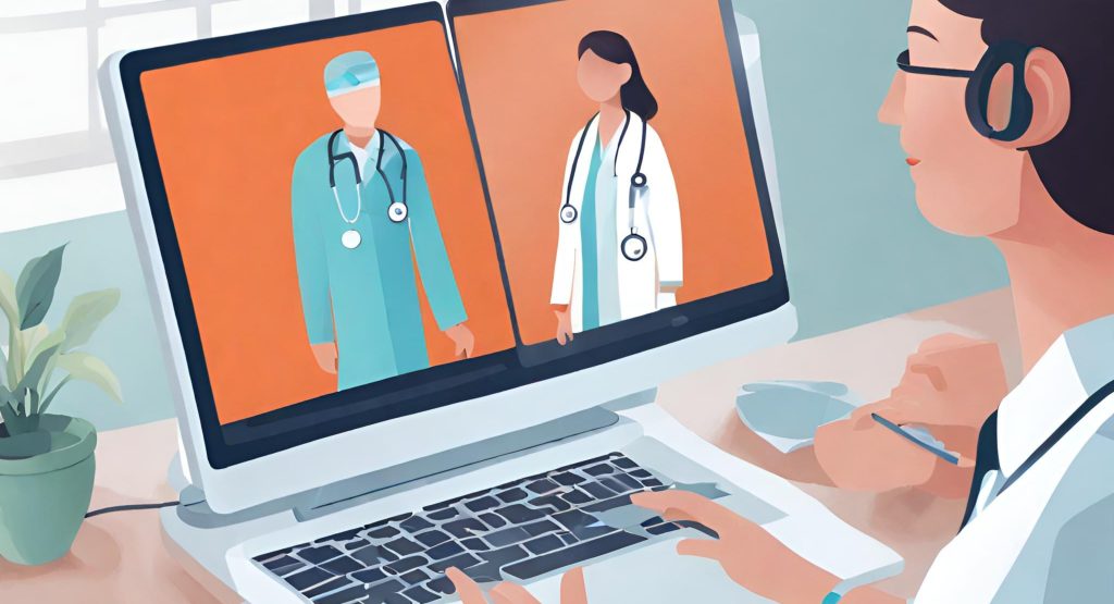 "Virtual doctor-patient consultation on a computer screen, highlighting the role of telemedicine in modern healthcare practices."