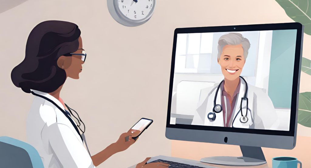  "Virtual meeting between a patient and a doctor, showcasing the convenience of telemedicine and remote consultations."