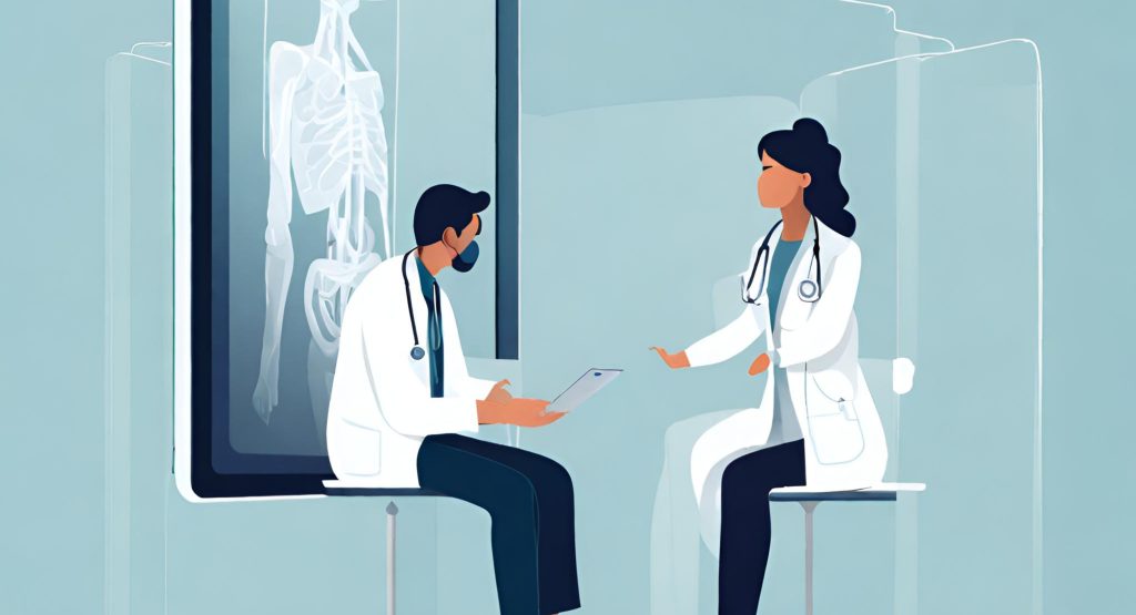  "Doctor and patient separated by a digital screen, symbolizing depersonalized virtual consultations."