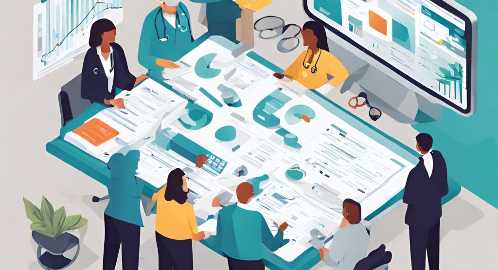  "Visual representation of a team collaborating on medical billing for outpatient services, showcasing teamwork and efficiency."