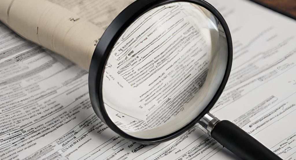 "Magnifying glass zooming in on a section of documentation, emphasizing the need for close attention to detail and accuracy."