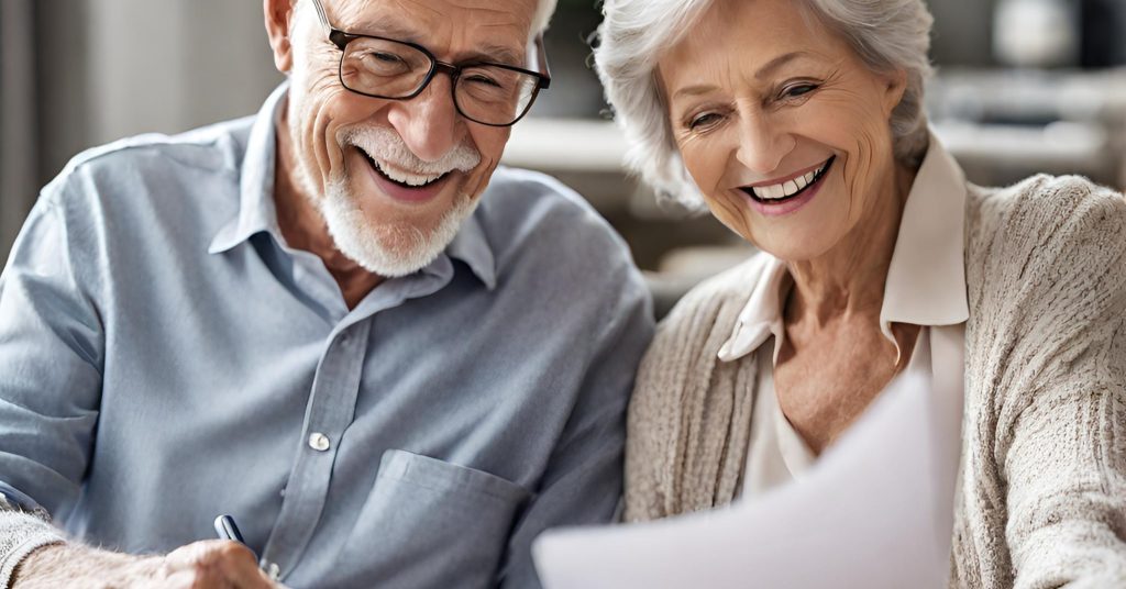 "Smiling senior couple reviewing health insurance documents for a secure retirement."