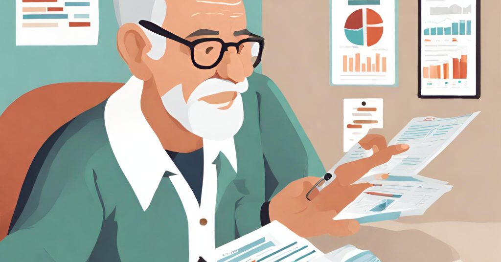  "Senior comparing different health insurance plans, evaluating options for the right coverage."