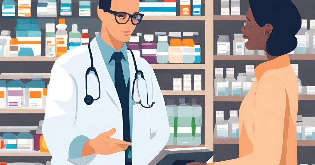 "Pharmacist providing information and explaining medications."