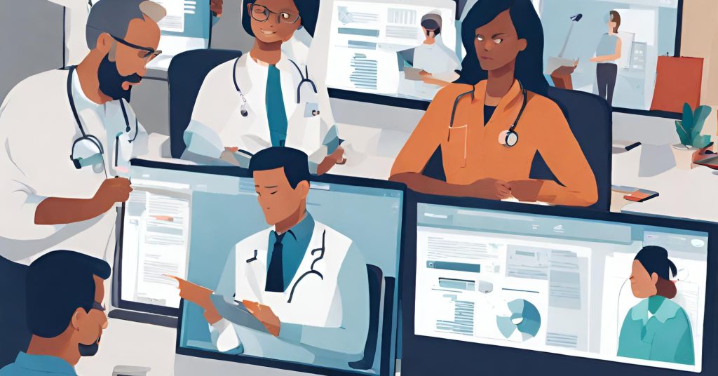 <img fetchpriority= "Team of healthcare professionals collaborating on patient billing tasks."