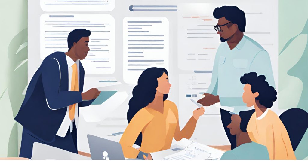 "Team Collaboration in Billing Tasks" "Team collaborating on billing tasks, discussing financial data."