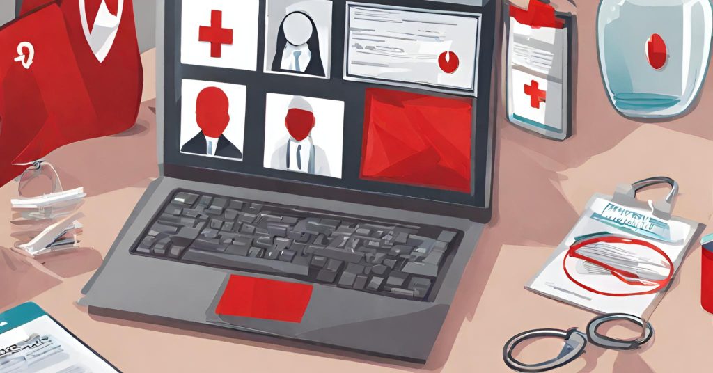 "Visual representation with red flags and warning signs in a healthcare or financial setting, indicating potential fraud and abuse."