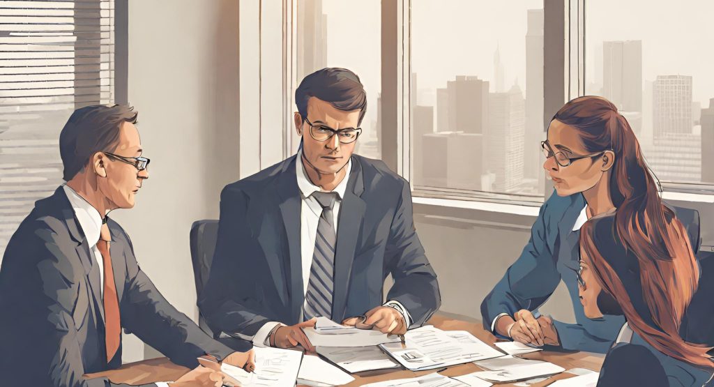 ("Professionals at a negotiation table, discussing and resolving a billing dispute.")