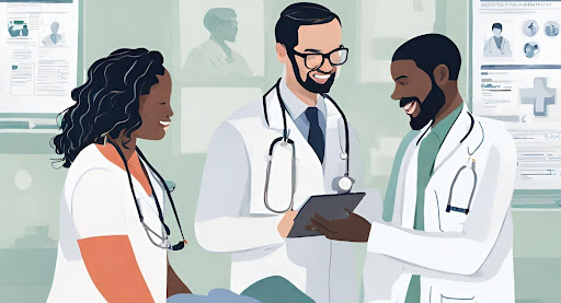 ("Teamwork in Healthcare: Collaborative Interactions with Medicaid Providers") (Visual of collaborative interactions between patients and healthcare providers in a Medicaid setting, emphasizing teamwork and patient-centered care.)