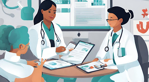 ("Medical billers collaborating with healthcare professionals and patient advocates to support patient advocacy.")
