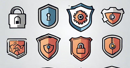 ("Various cyber security icons including locks, shields, firewalls, and viruses.")
