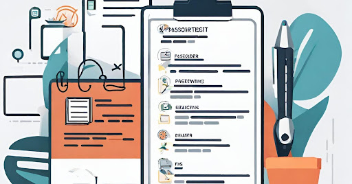 ("A clipboard with a checklist of security best practices, including password management and employee training.")
