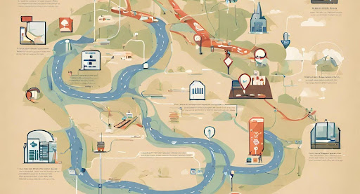("Navigational Map: Regulatory Checkpoints and Compliance Pathways.) ("Visual representation of a navigational map with markers symbolizing regulatory checkpoints.")