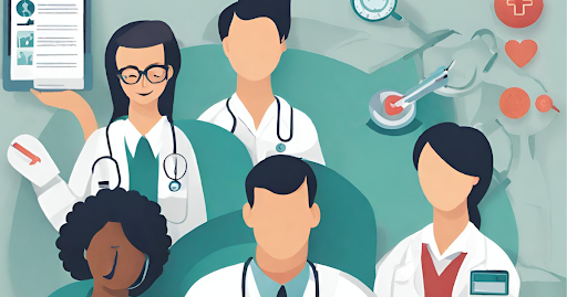 (Illustration of a specialized outsourcing team handling medical billing tasks efficiently, emphasizing expertise and teamwork)