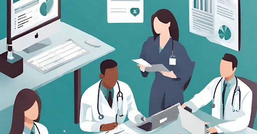 ("Professional Medical Billing Team at Work") ("A professional medical billing team working together in an office environment.")