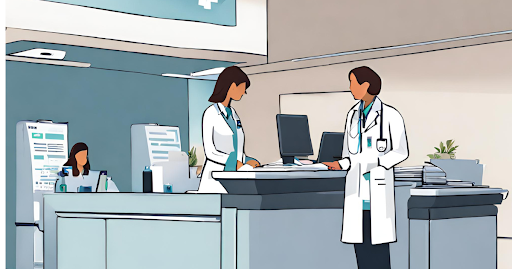 (Hover for insights into streamlined patient collections processes.) (Streamlined hospital billing desk with automated systems in place.)