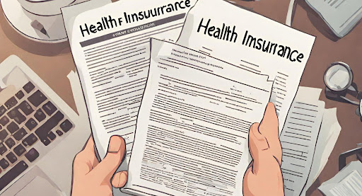 ("Understanding Coverage: Reading Health Insurance Policy Documents.") ("Person reading health insurance policy documents, emphasizing the importance of understanding coverage terms.")