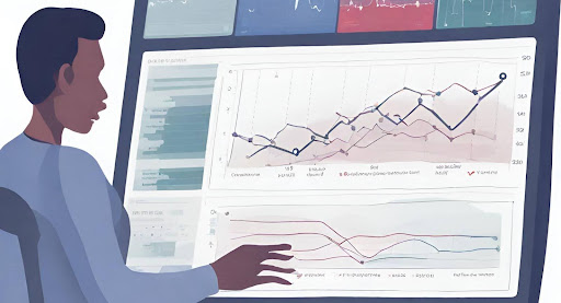("Data Analysis: Person Analyzing Charts and Graphs on Computer.") ("A person analyzing data on a computer screen with charts and graphs.")