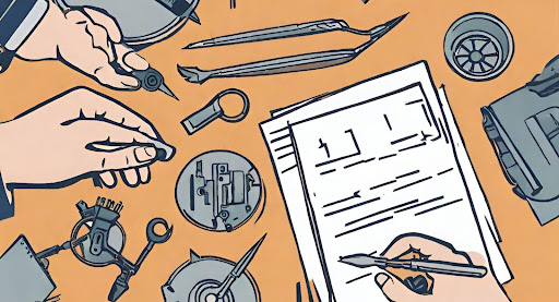 ("Tool Selection Process: Evaluating and Choosing the Right Tools.") ("Hands considering various tools on a table, symbolizing the process of evaluating and selecting the right ones.")