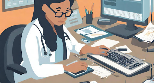 ("Image of a medical biller at work, processing bills on a computer, highlighting their active role in patient payment streamlining.")
