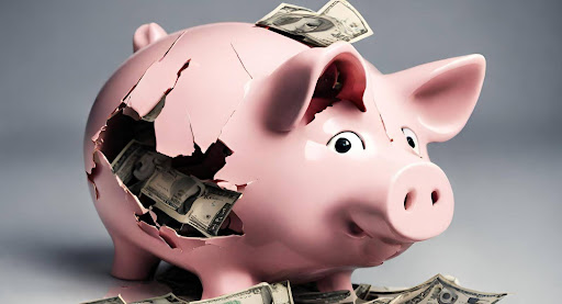 ("Financial Strain: Broken Piggy Bank in High-Deductible Health Plans") ("Image of a broken piggy bank symbolizing financial strain and hardship for patients with high deductibles in Health-Deductible Health Plans (HDHPs).")