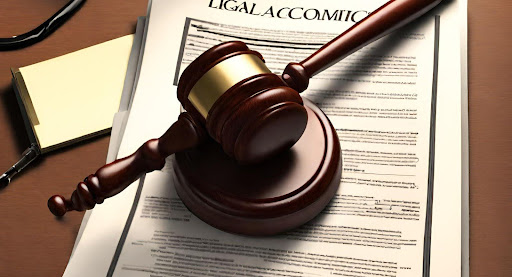 ("Legal Implications Unveiled: Compliance in a Professional Context") ("Legal documents and a gavel symbolizing the legal implications of compliance in a professional setting.")