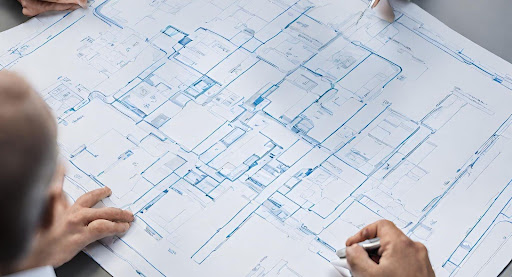 ("Blueprint or diagram visualizing the breakdown of key components in payer-specific policies, resembling an architectural plan.")