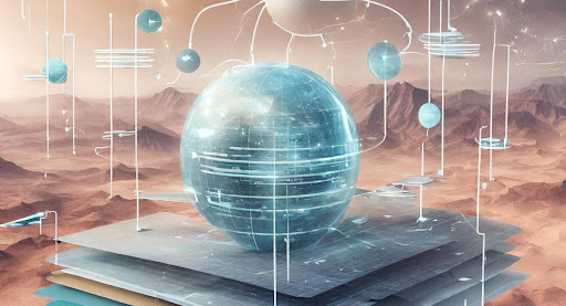 ("Futuristic landscape illustrating the evolving nature of payer-specific policies with elements like policy documents, data nodes, and technology.")