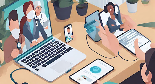 ("Virtual Healthcare Consultation via Video Call") ("Patient having a teleconsultation with a healthcare professional via video call.")