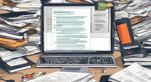 (Challenges Introduced by Coding Guidelines in Medical Billing") ("Image of an overloaded desk cluttered with paperwork, symbolizing the potential administrative burden introduced by coding guidelines in medical billing.")