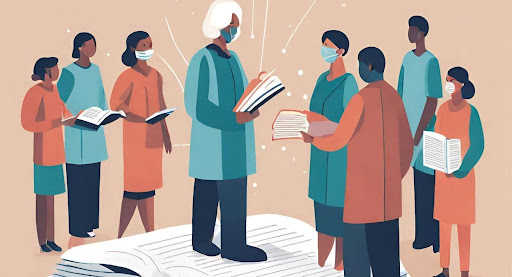 ("Symbolic Empowerment: Patients Surrounding an Open Book of Knowledge") ("Patients surrounding an open book symbolizing knowledge, conveying empowerment through information.")