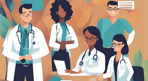 ("Diverse healthcare professionals collaborating on patient advocacy in medical billing.")
