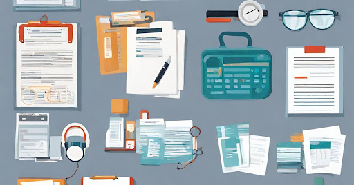 ("Thorough Documentation to Prevent Denials") ("Organized medical documents, charts, and paperwork, emphasizing thorough documentation for prevention.")