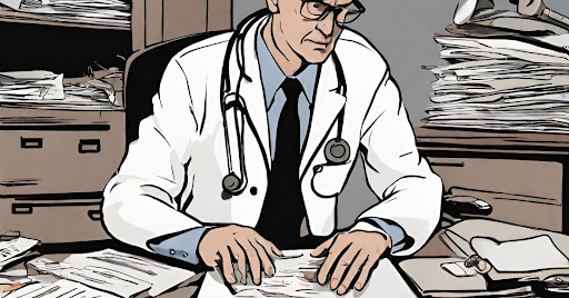 ("Neurologist Handling Denied Claims") ("Image of a neurologist at a desk surrounded by denied claims paperwork, illustrating challenges in neurology billing.")