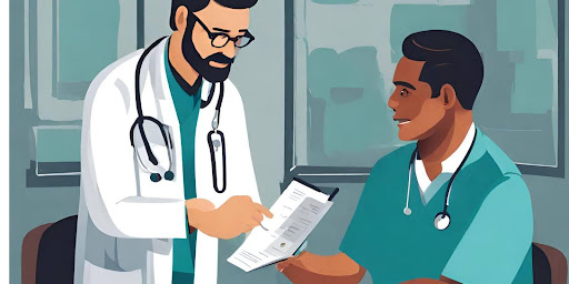 (A doctor in a white coat with a stethoscope around the neck, examining a patient's medical chart.)