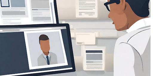 (Person at a computer, submitting digital documents for streamlined credentialing process.)
