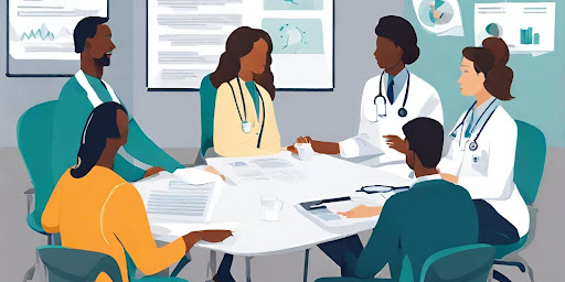 (Allied health professionals collaborating in a meeting, discussing patient care and treatment plans.)
